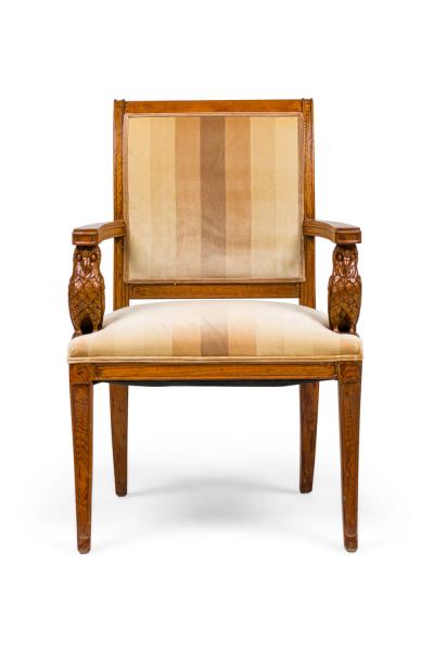 Pair of Continental Rustic Style Wooden Armchairs with Carved Owl Head Armrests