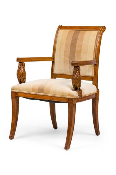 Pair of Continental Rustic Style Wooden Armchairs with Carved Owl Head Armrests