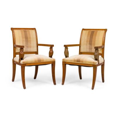 Pair of Continental Rustic Style Wooden Armchairs with Carved Owl Head Armrests
