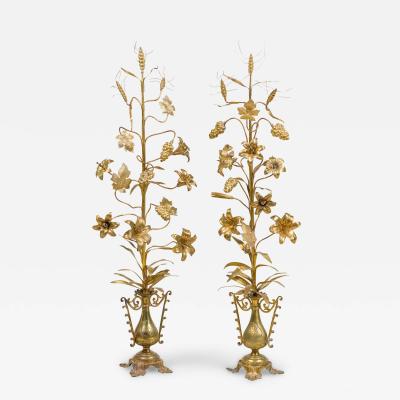 Pair of Continental Tall Vine like Brass Candelabra