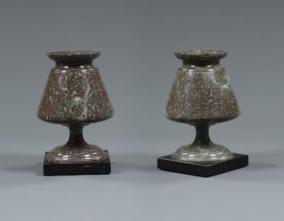 Pair of Cornish Serpentine Stone Urns of Unusual Form