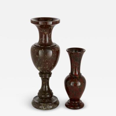 Pair of Cornish serpentine urn shaped mineral vases