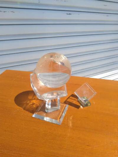 Pair of Crystal Globes on Lucite Stand and Etched Cube