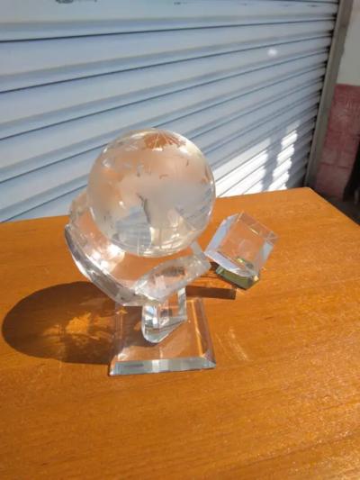 Pair of Crystal Globes on Lucite Stand and Etched Cube