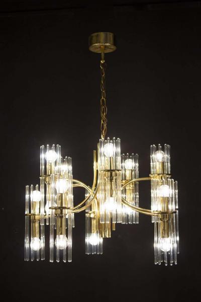 Pair of Crystal Rod and Brass Chandelier or Lantern by Gaetano Sciolari 1960s