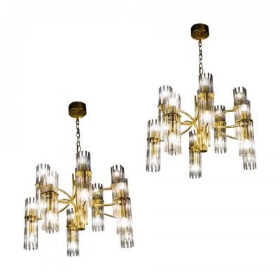 Pair of Crystal Rod and Brass Chandelier or Lantern by Gaetano Sciolari 1960s