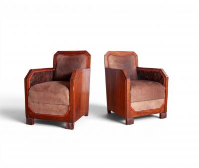 Pair of Cubist Club Chairs in Leather and Hide 1920s