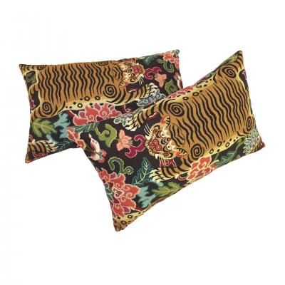 Pair of Cushions With Contemporary Jungle Print Yellow Velvet and Cotton