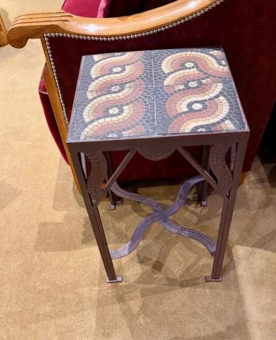 Pair of Custom Art Deco Style Tile and Fer Forge Side Tables