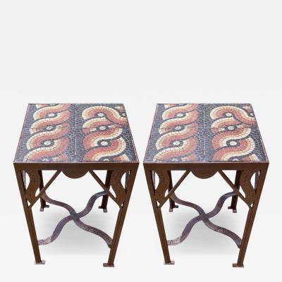 Pair of Custom Art Deco Style Tile and Fer Forge Side Tables