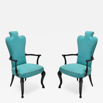Pair of Custom Black Lacquer Armchairs in Turquoise Leather