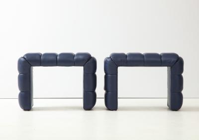 Pair of Custom Channel Tufted Blue Leather Stools or Benches Italy 2021