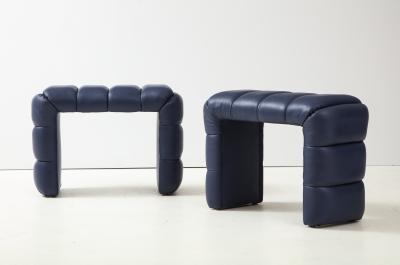 Pair of Custom Channel Tufted Blue Leather Stools or Benches Italy 2021