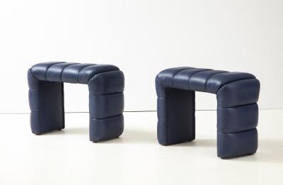 Pair of Custom Channel Tufted Blue Leather Stools or Benches Italy 2021