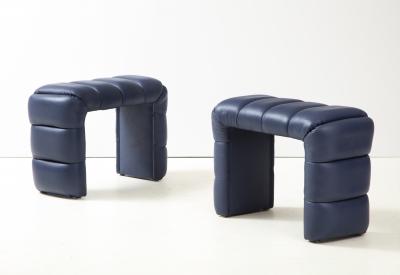 Pair of Custom Channel Tufted Blue Leather Stools or Benches Italy 2021