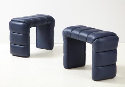 Pair of Custom Channel Tufted Blue Leather Stools or Benches Italy 2021