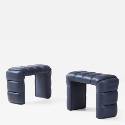 Pair of Custom Channel Tufted Blue Leather Stools or Benches Italy 2021