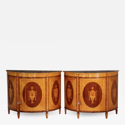 Pair of Custom George III Style Satinwood Mahogany Demilune Cabinets