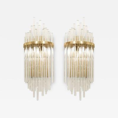 Pair of Custom Large Glass Rod Sconces with Brass Frame