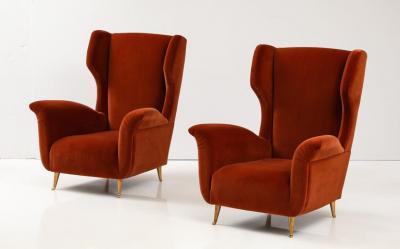 Pair of Custom Made Sculptural Lounge Chairs in Burnt Orange Red Velvet Italy