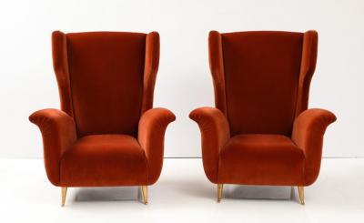 Pair of Custom Made Sculptural Lounge Chairs in Burnt Orange Red Velvet Italy