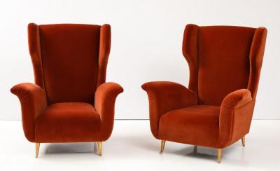 Pair of Custom Made Sculptural Lounge Chairs in Burnt Orange Red Velvet Italy