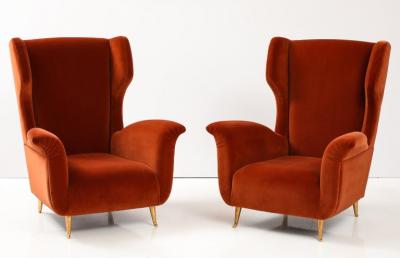 Pair of Custom Made Sculptural Lounge Chairs in Burnt Orange Red Velvet Italy
