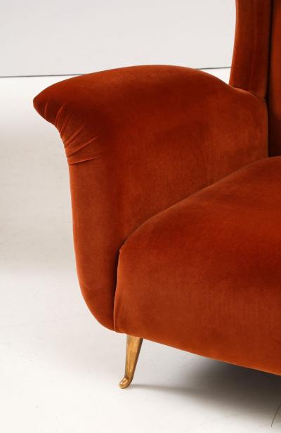 Pair of Custom Made Sculptural Lounge Chairs in Burnt Orange Red Velvet Italy