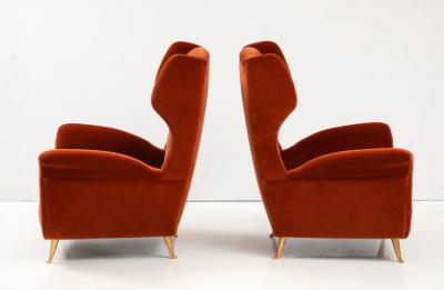 Pair of Custom Made Sculptural Lounge Chairs in Burnt Orange Red Velvet Italy