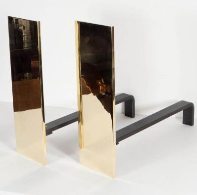 Pair of Custom Mid Century Modernist Style Polished Brass Rectangular Andirons