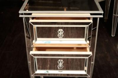 Pair of Custom Mirrored Commodes with Silver Trim