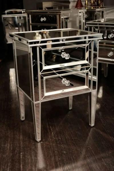 Pair of Custom Mirrored Commodes with Silver Trim