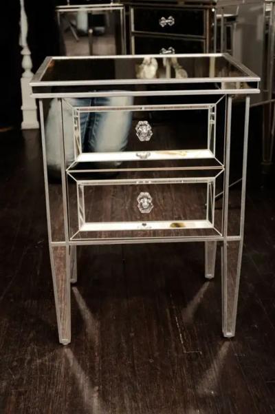Pair of Custom Mirrored Commodes with Silver Trim