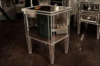 Pair of Custom Mirrored Commodes with Silver Trim