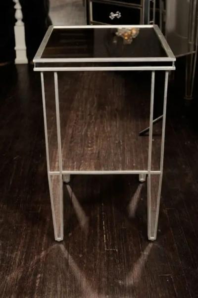 Pair of Custom Mirrored Commodes with Silver Trim