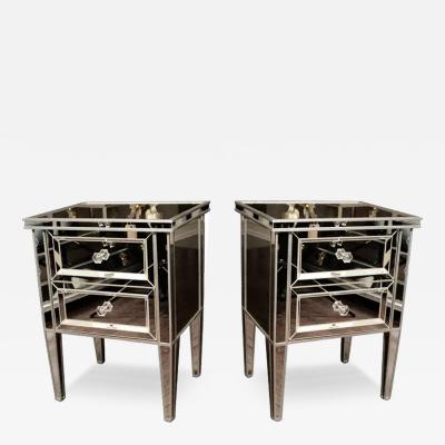 Pair of Custom Mirrored Commodes with Silver Trim