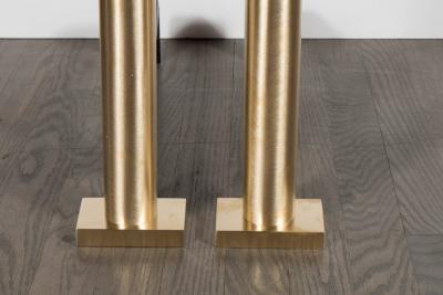 Pair of Custom Modernist Brushed Brass Cylindrical Form Andirons