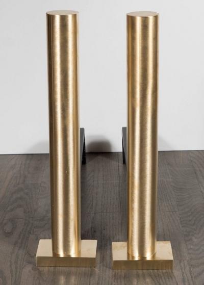 Pair of Custom Modernist Brushed Brass Cylindrical Form Andirons