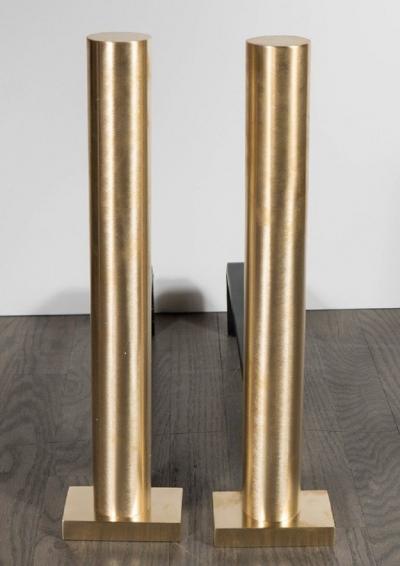 Pair of Custom Modernist Brushed Brass Cylindrical Form Andirons