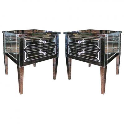 Pair of Custom Neoclassical Modern 2 Drawer Mirrored Nightstands