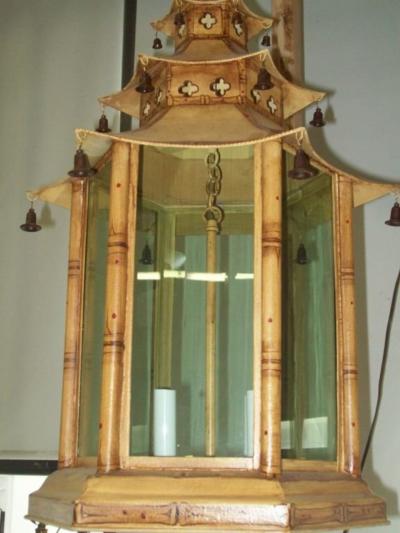 Pair of Custom Pagoda Shaped Hand Painted Tole Fixtures