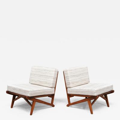 Pair of Danish Modern Chairs in Solid Oak and M taphores Striped Jacquard 1950s