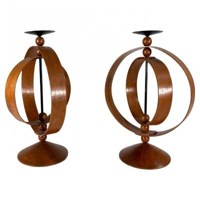 Pair of Danish Modern Teak Rotating Spherical Candlesticks