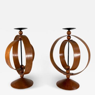 Pair of Danish Modern Teak Rotating Spherical Candlesticks