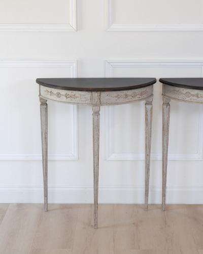 Pair of Danish Neoclassical Painted Demilune Console Tables circa 1920