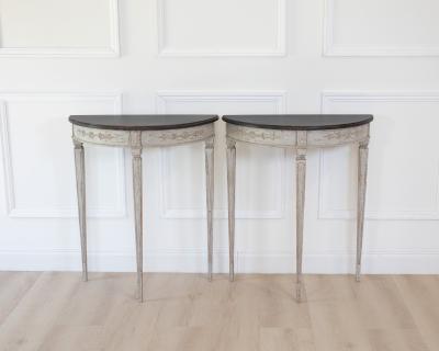 Pair of Danish Neoclassical Painted Demilune Console Tables circa 1920