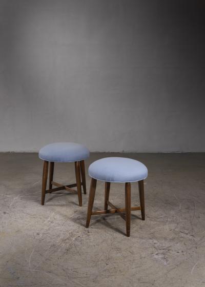 Pair of Danish Stools with Cross Frame and Blue Wool Upholstery 1940s