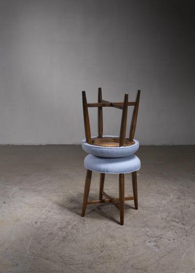 Pair of Danish Stools with Cross Frame and Blue Wool Upholstery 1940s