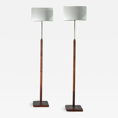 Pair of Danish height adjustable wood and brass floor lamps