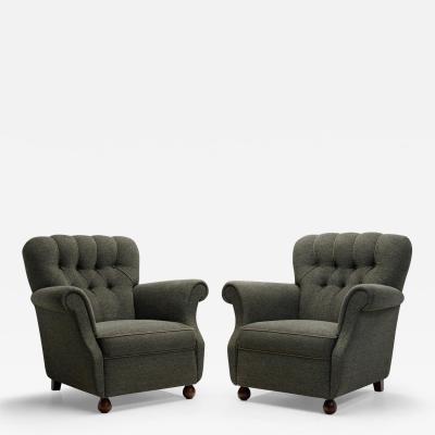 Pair of Dark Green Upholstered Armchairs Scandinavia 1950s